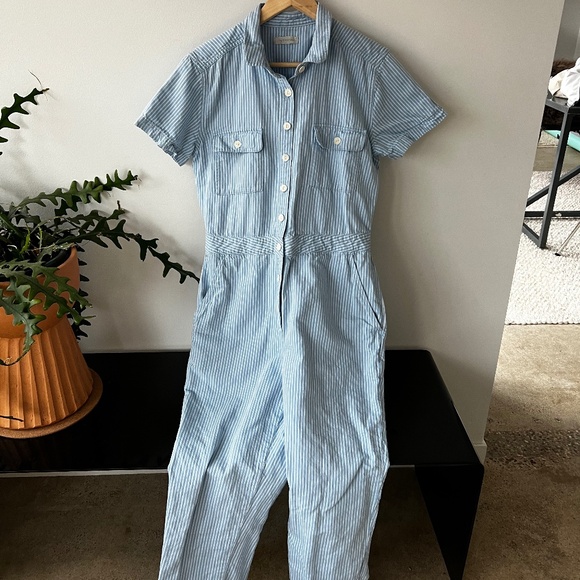 Outerknown Blue & White striped shortsleeve jumpsuit - Picture 1 of 6